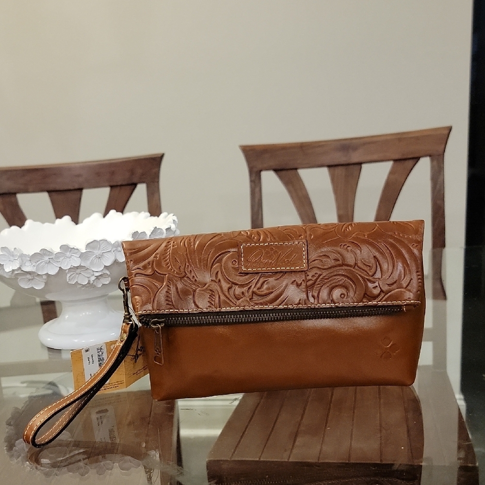 Patricia Nash Brown Embossed Leather Wristlet Clutch